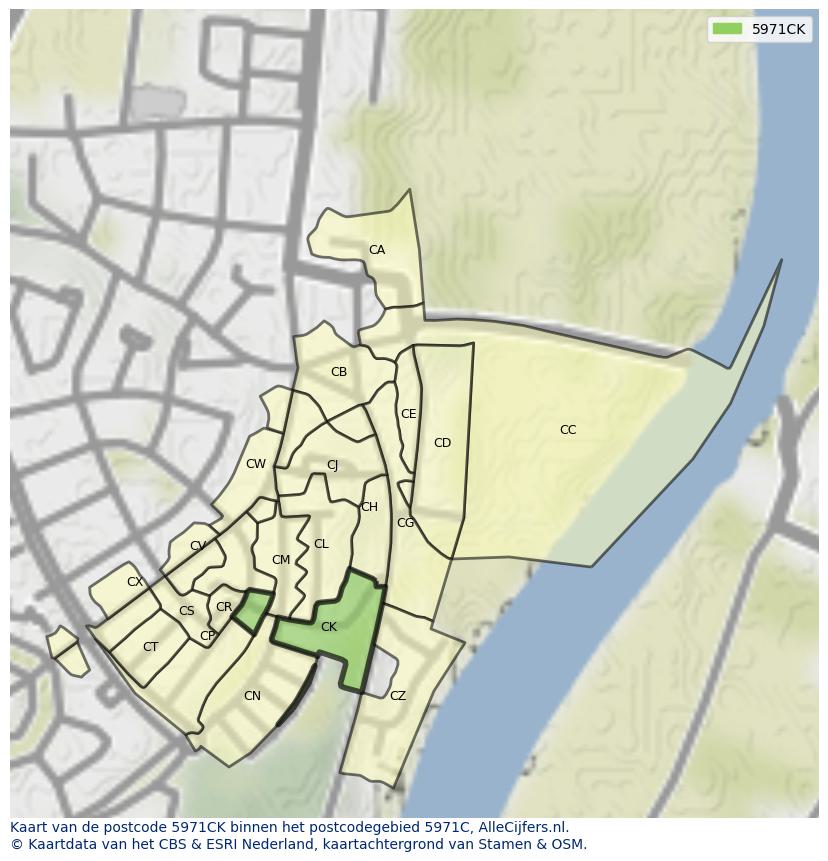 Afbeelding van het postcodegebied 5971 CK op de kaart.