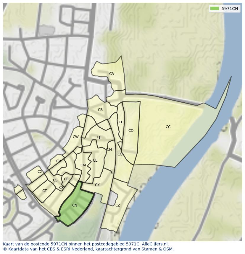 Afbeelding van het postcodegebied 5971 CN op de kaart.
