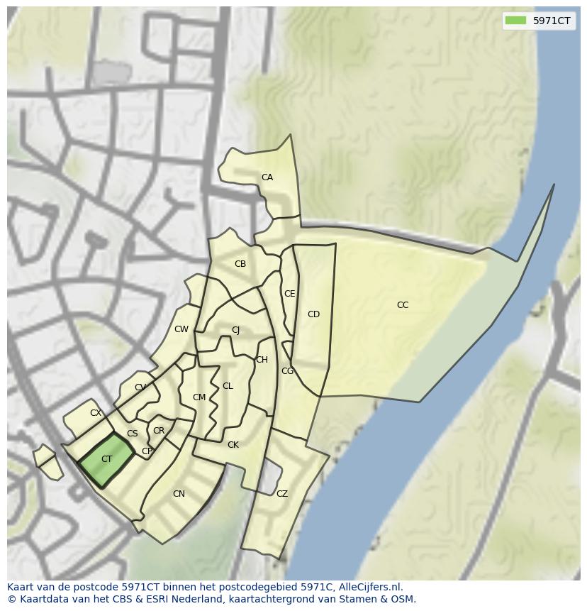 Afbeelding van het postcodegebied 5971 CT op de kaart.