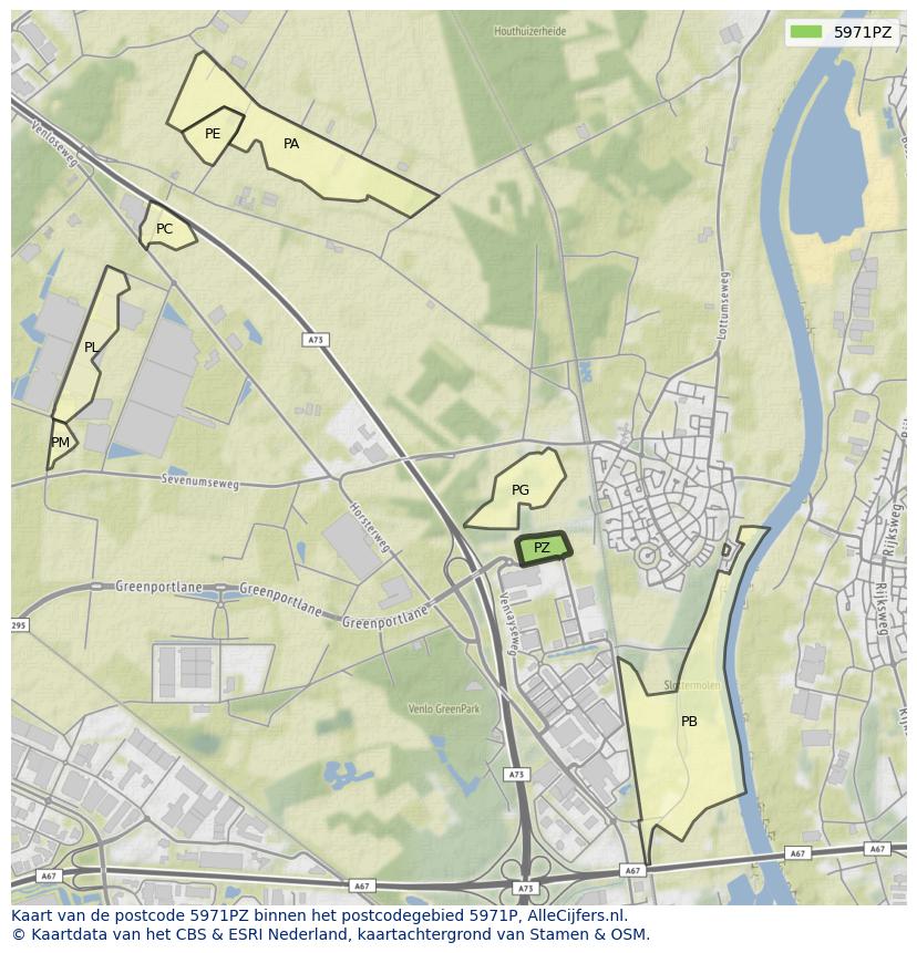 Afbeelding van het postcodegebied 5971 PZ op de kaart.