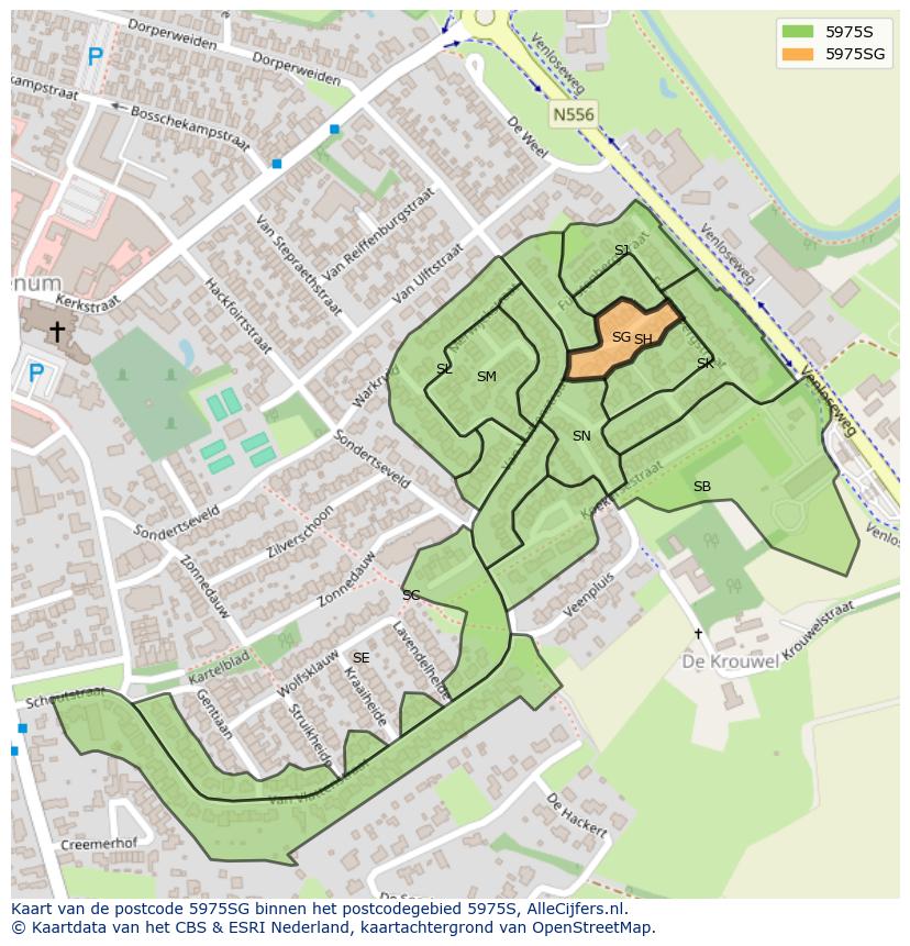 Afbeelding van het postcodegebied 5975 SG op de kaart.