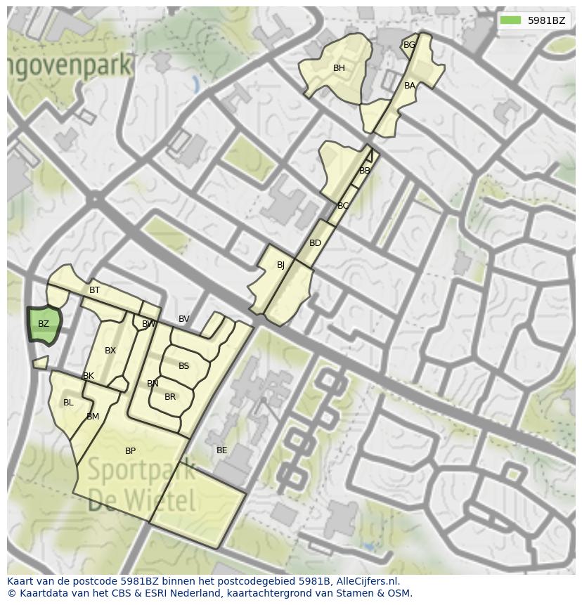 Afbeelding van het postcodegebied 5981 BZ op de kaart.
