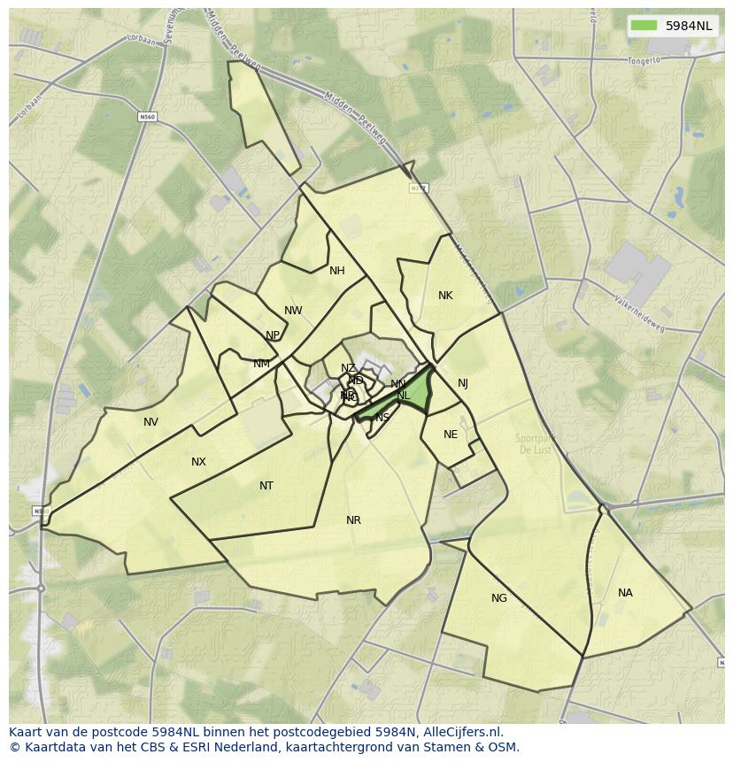 Afbeelding van het postcodegebied 5984 NL op de kaart.