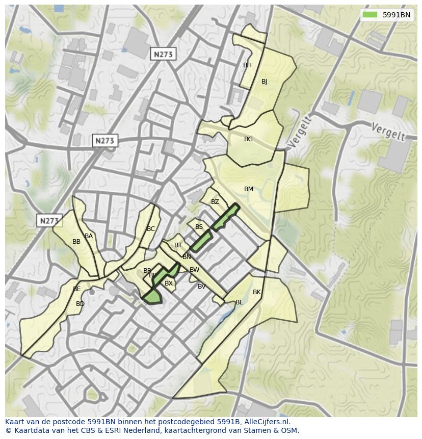 Afbeelding van het postcodegebied 5991 BN op de kaart.