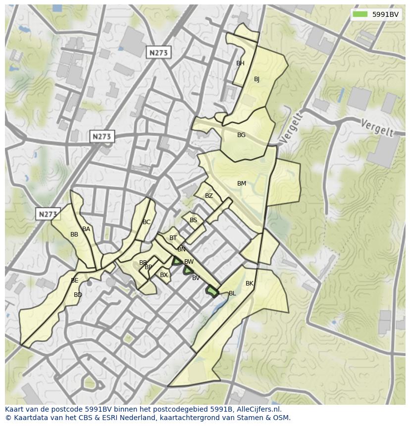 Afbeelding van het postcodegebied 5991 BV op de kaart.