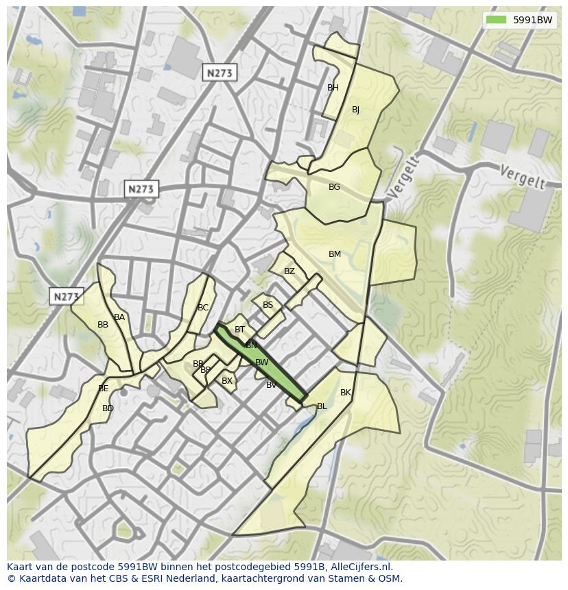 Afbeelding van het postcodegebied 5991 BW op de kaart.