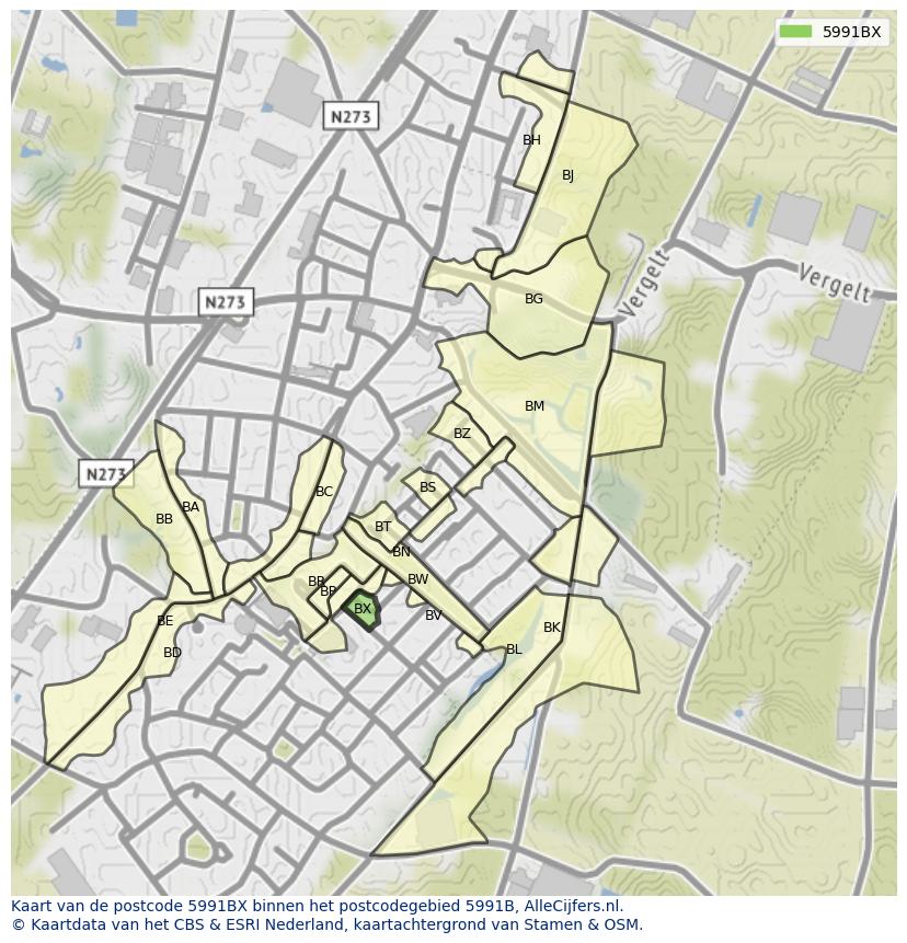 Afbeelding van het postcodegebied 5991 BX op de kaart.