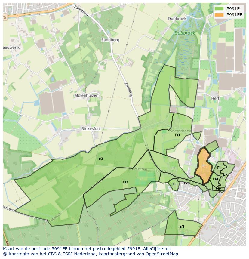 Afbeelding van het postcodegebied 5991 EE op de kaart.