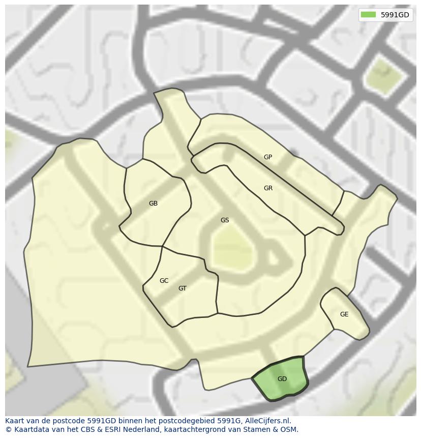 Afbeelding van het postcodegebied 5991 GD op de kaart.