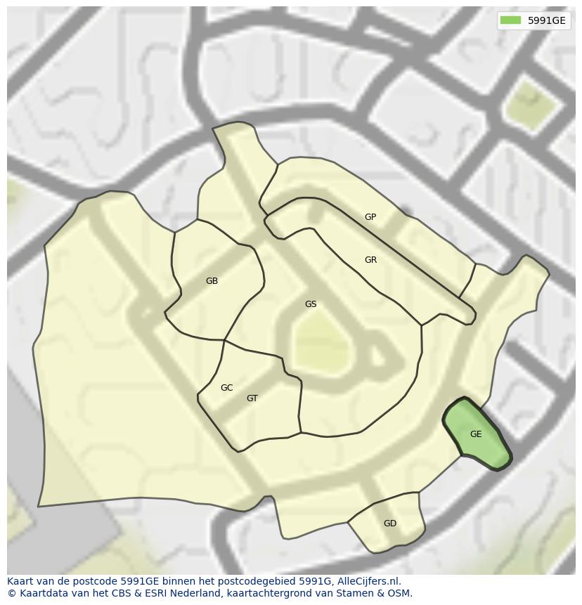 Afbeelding van het postcodegebied 5991 GE op de kaart.