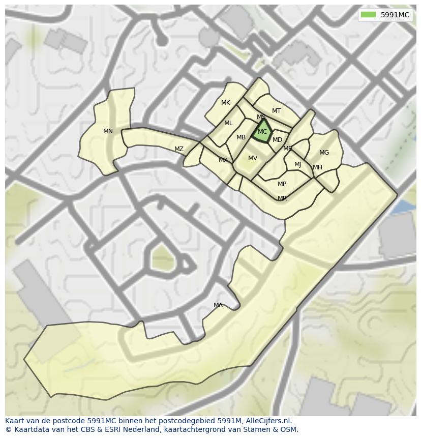 Afbeelding van het postcodegebied 5991 MC op de kaart.