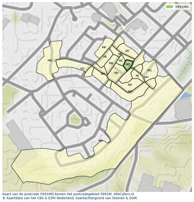 Afbeelding van het postcodegebied 5991 MD op de kaart.