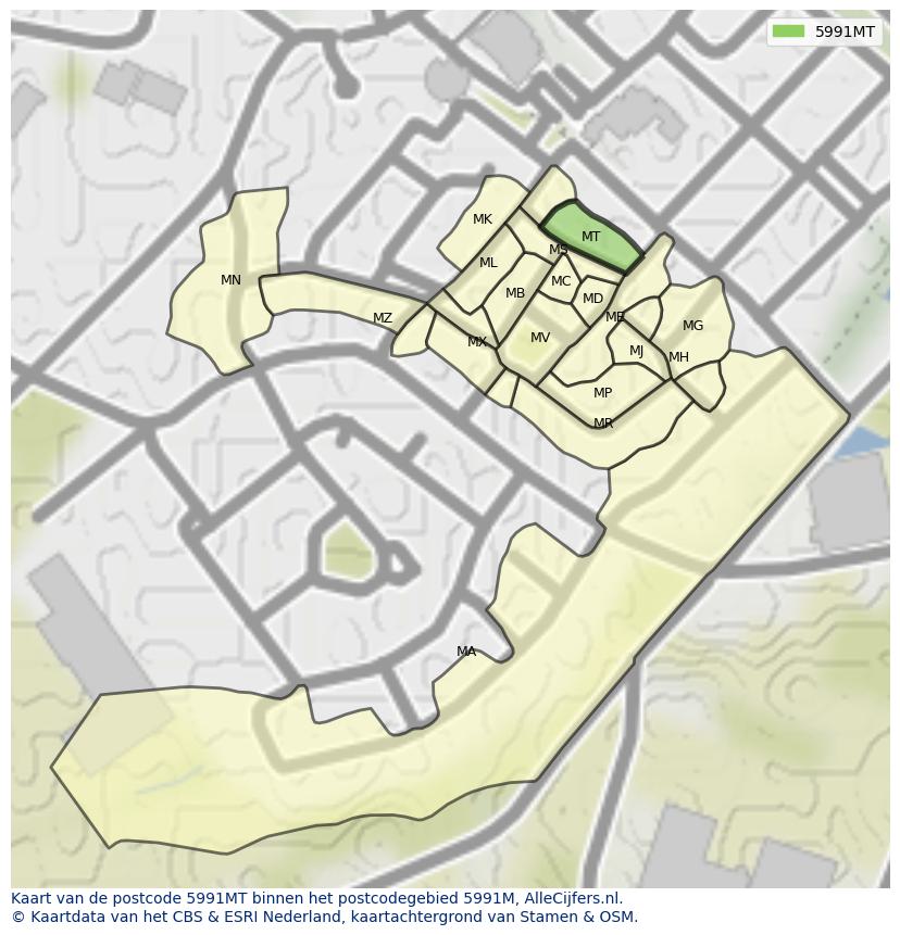 Afbeelding van het postcodegebied 5991 MT op de kaart.