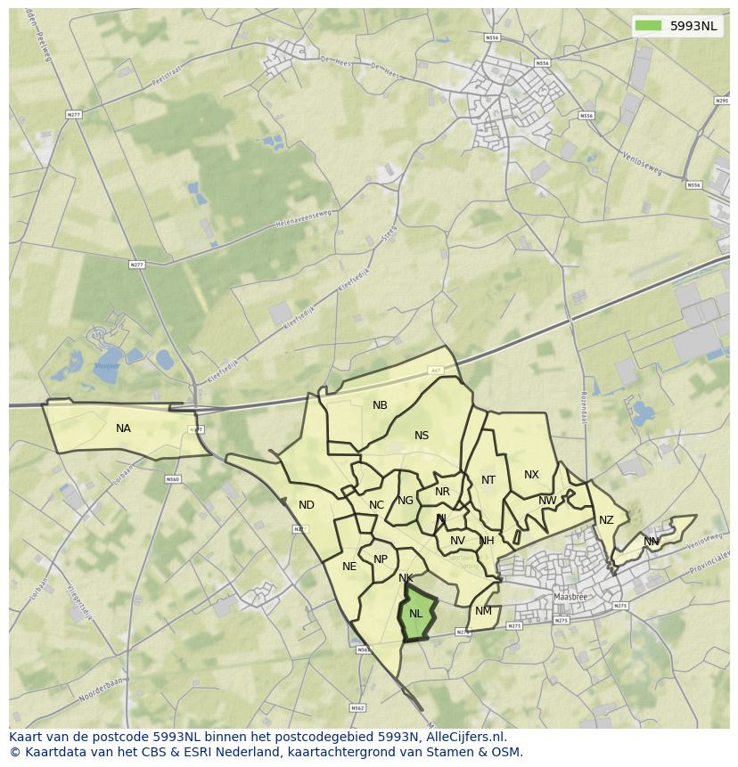 Afbeelding van het postcodegebied 5993 NL op de kaart.