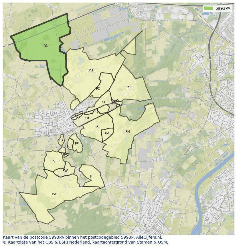 Afbeelding van het postcodegebied 5993 PA op de kaart.