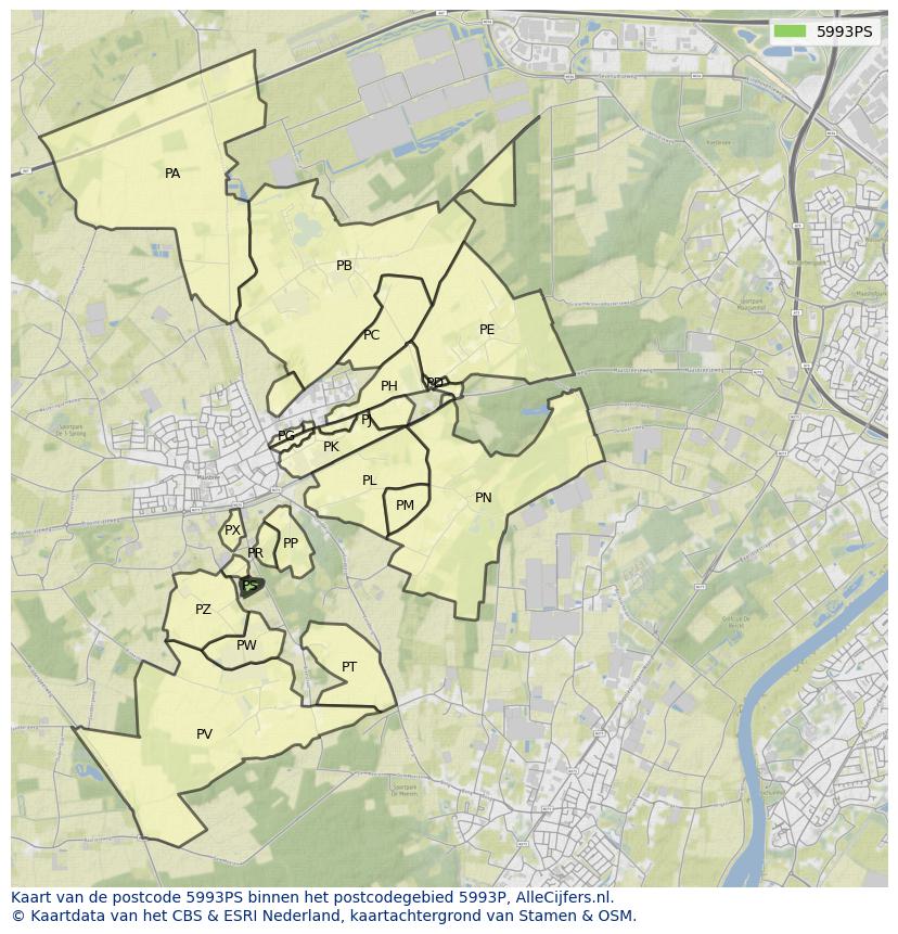 Afbeelding van het postcodegebied 5993 PS op de kaart.