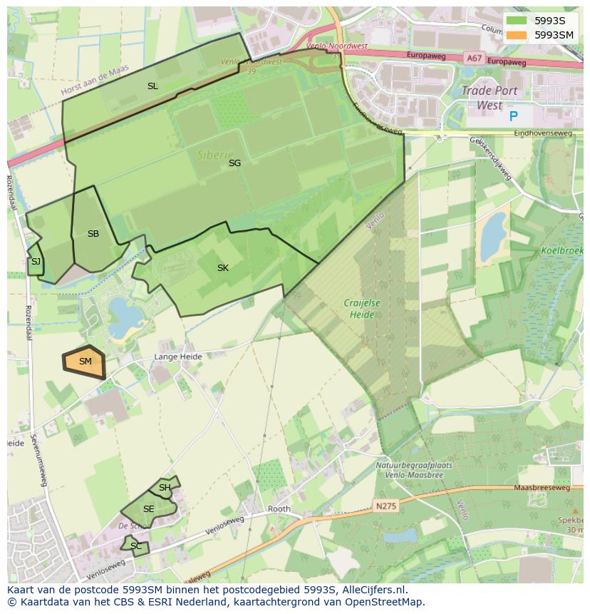 Afbeelding van het postcodegebied 5993 SM op de kaart.