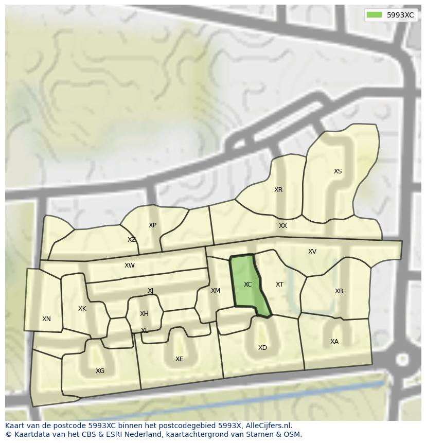 Afbeelding van het postcodegebied 5993 XC op de kaart.
