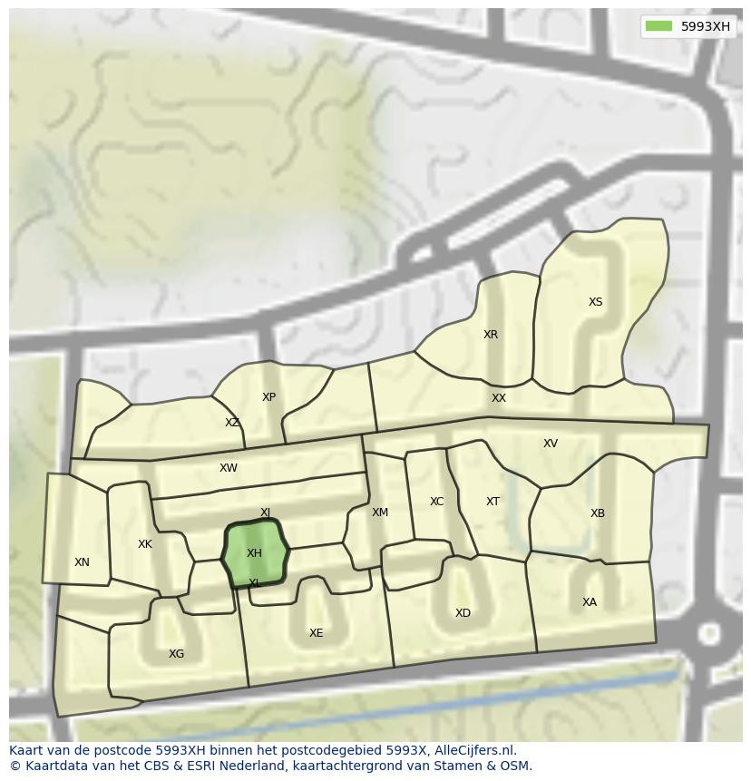 Afbeelding van het postcodegebied 5993 XH op de kaart.
