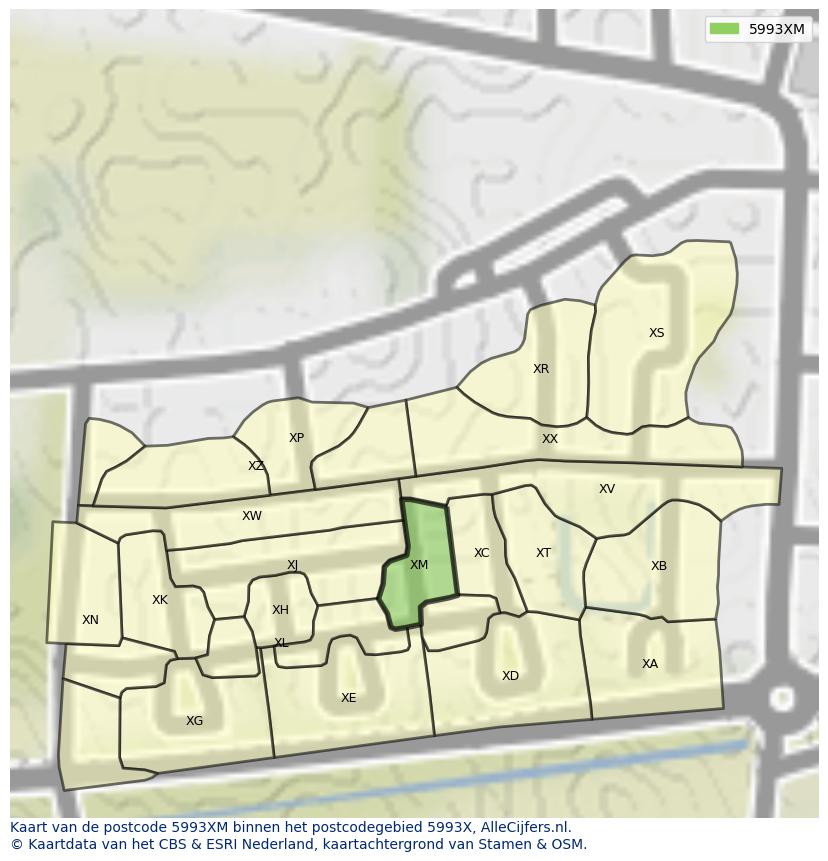 Afbeelding van het postcodegebied 5993 XM op de kaart.