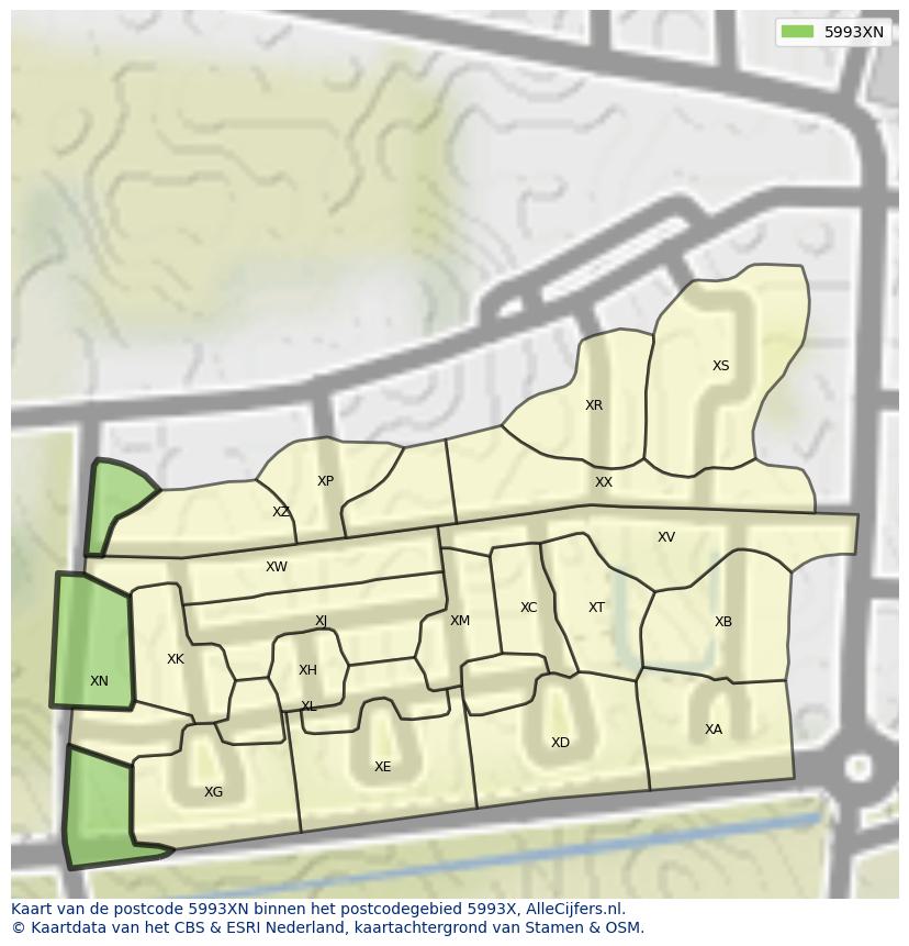 Afbeelding van het postcodegebied 5993 XN op de kaart.