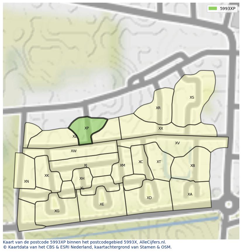 Afbeelding van het postcodegebied 5993 XP op de kaart.