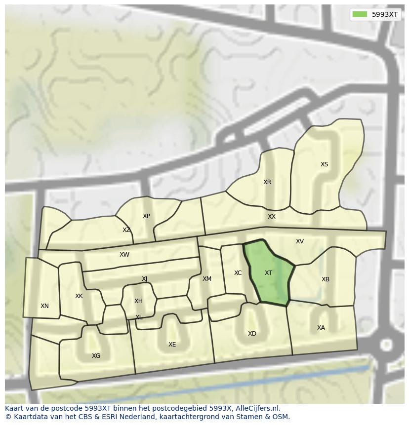 Afbeelding van het postcodegebied 5993 XT op de kaart.
