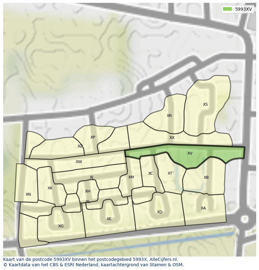 Afbeelding van het postcodegebied 5993 XV op de kaart.