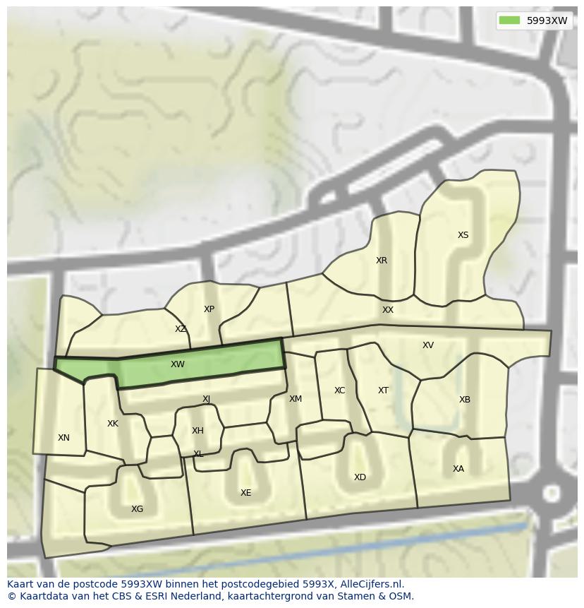 Afbeelding van het postcodegebied 5993 XW op de kaart.