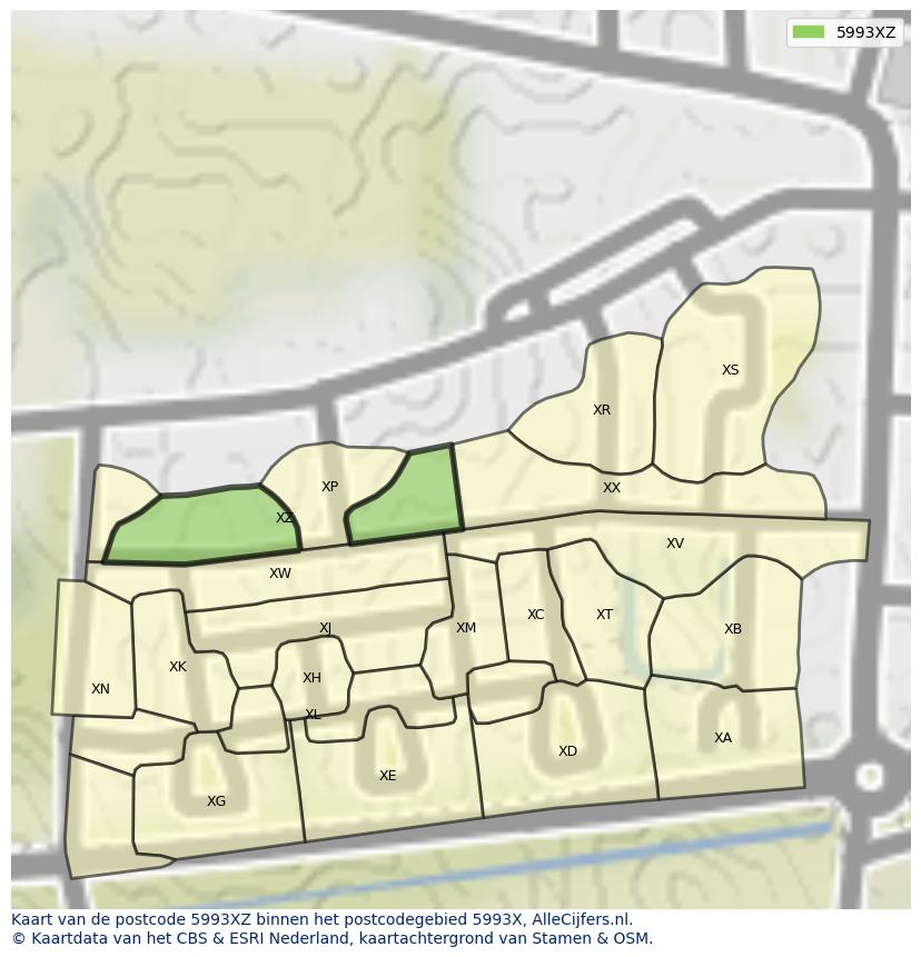 Afbeelding van het postcodegebied 5993 XZ op de kaart.