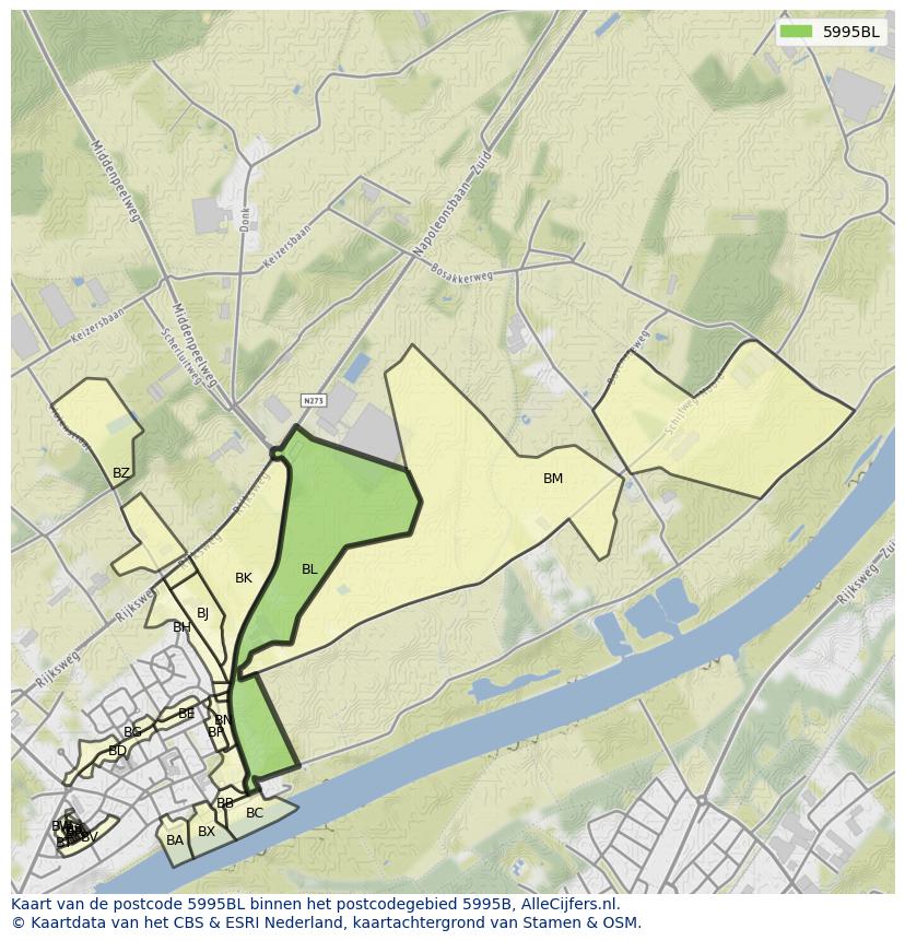 Afbeelding van het postcodegebied 5995 BL op de kaart.