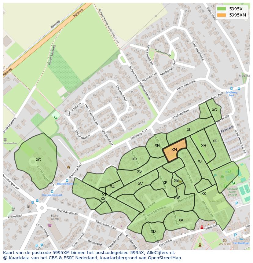 Afbeelding van het postcodegebied 5995 XM op de kaart.