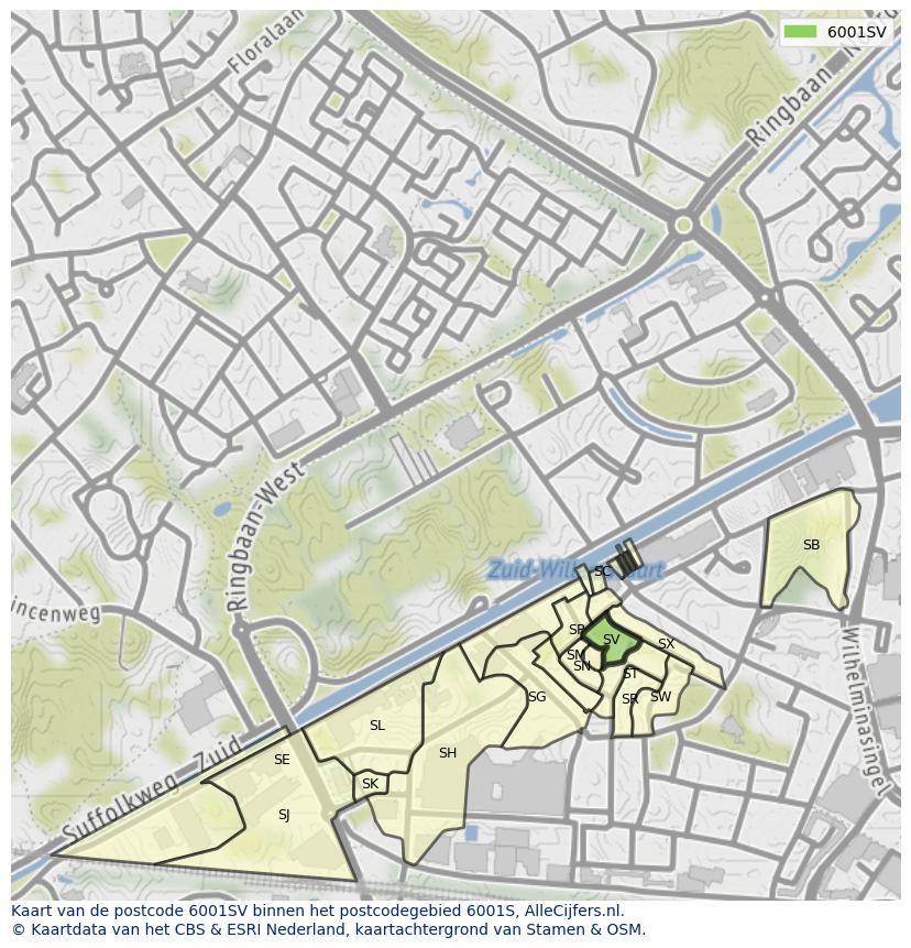 Afbeelding van het postcodegebied 6001 SV op de kaart.