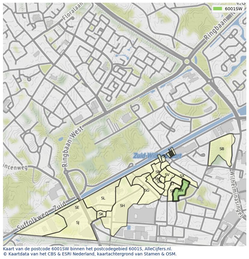 Afbeelding van het postcodegebied 6001 SW op de kaart.