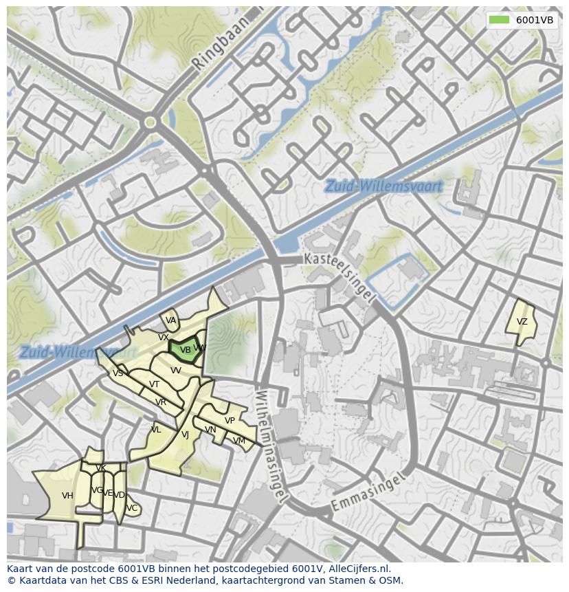 Afbeelding van het postcodegebied 6001 VB op de kaart.