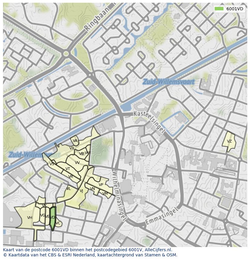 Afbeelding van het postcodegebied 6001 VD op de kaart.