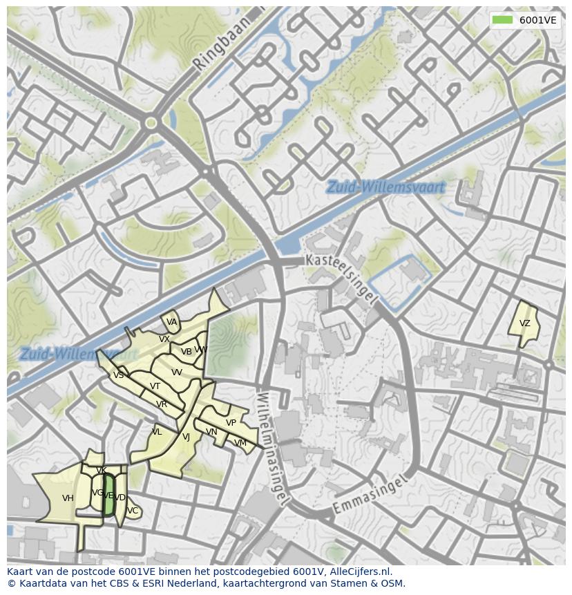Afbeelding van het postcodegebied 6001 VE op de kaart.