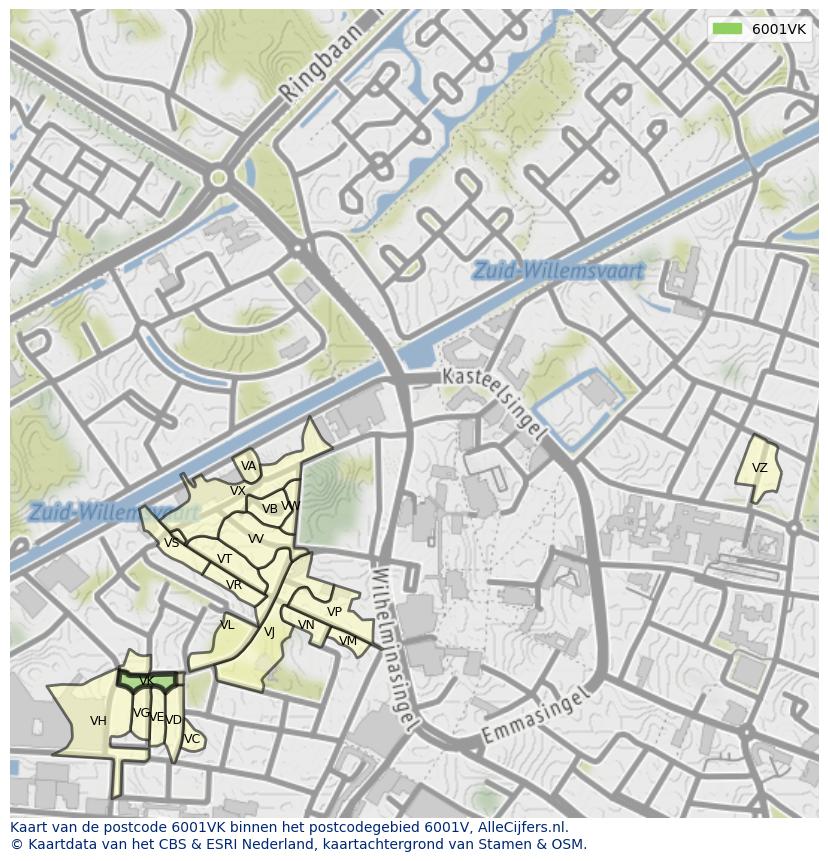 Afbeelding van het postcodegebied 6001 VK op de kaart.