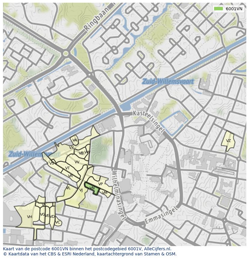Afbeelding van het postcodegebied 6001 VN op de kaart.