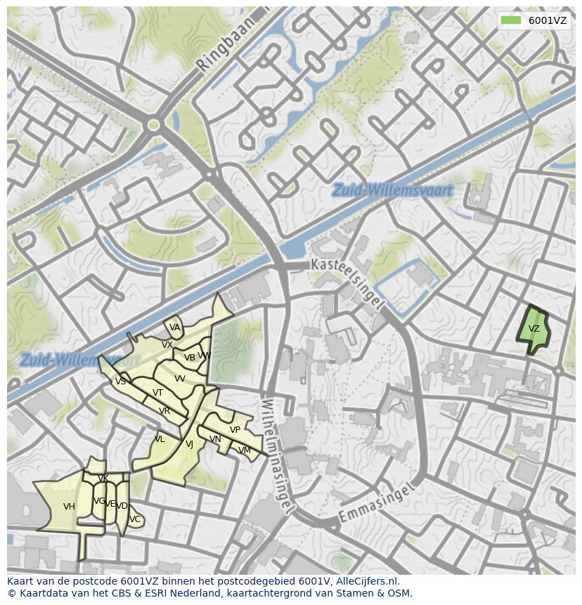 Afbeelding van het postcodegebied 6001 VZ op de kaart.