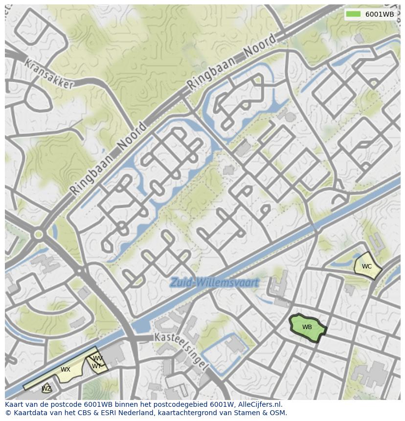 Afbeelding van het postcodegebied 6001 WB op de kaart.