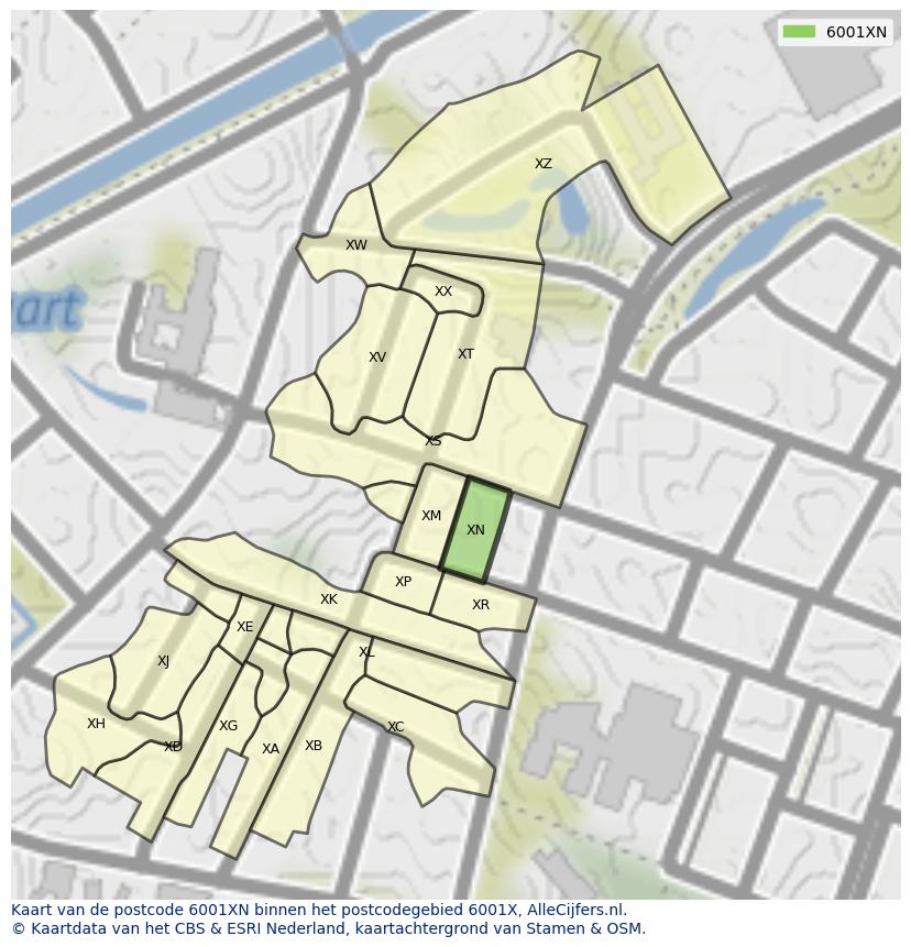 Afbeelding van het postcodegebied 6001 XN op de kaart.