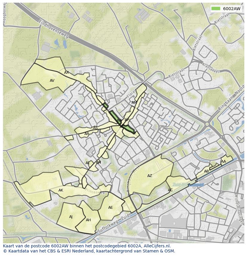 Afbeelding van het postcodegebied 6002 AW op de kaart.