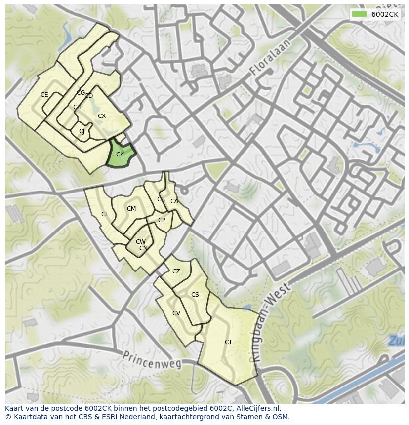 Afbeelding van het postcodegebied 6002 CK op de kaart.