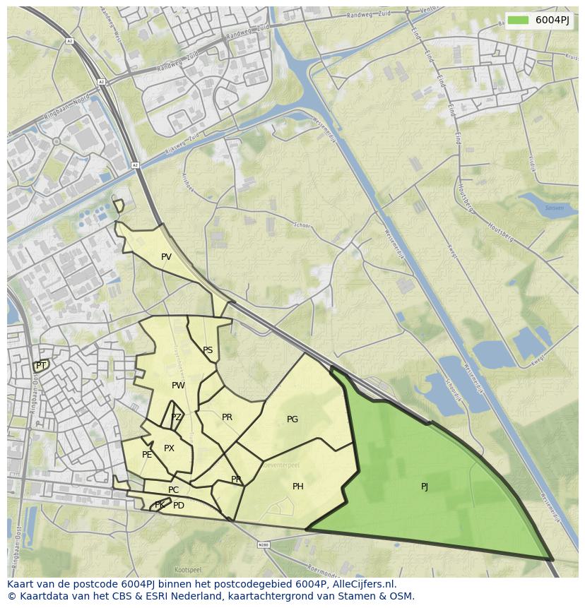 Afbeelding van het postcodegebied 6004 PJ op de kaart.