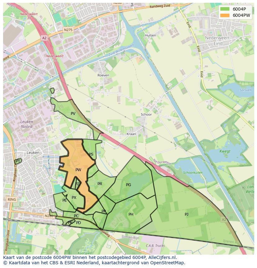 Afbeelding van het postcodegebied 6004 PW op de kaart.