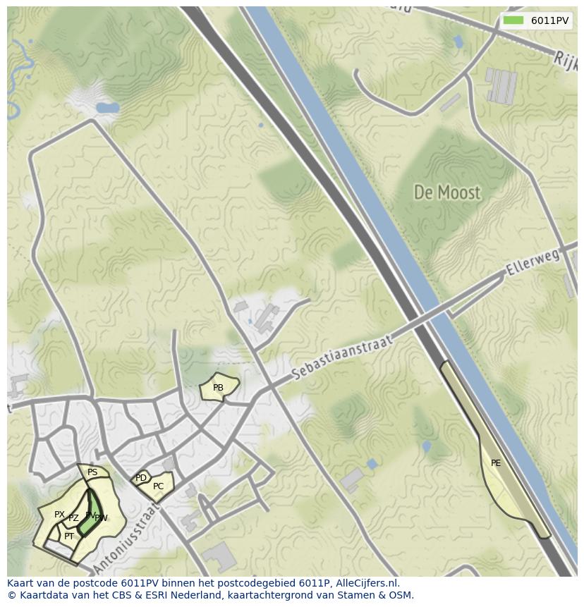 Afbeelding van het postcodegebied 6011 PV op de kaart.