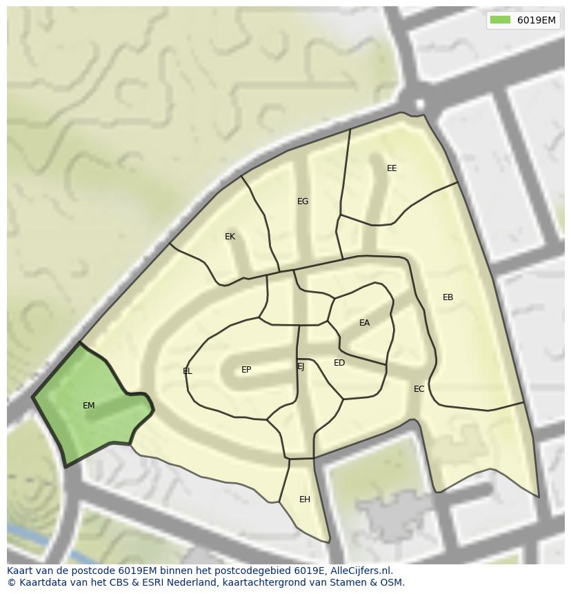 Afbeelding van het postcodegebied 6019 EM op de kaart.