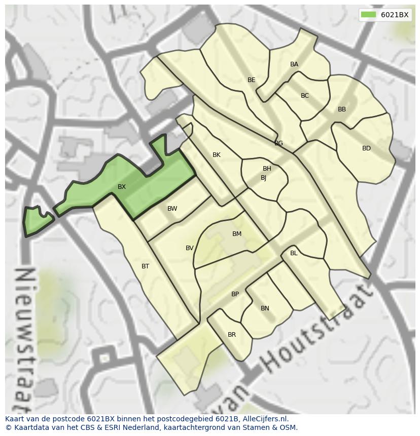 Afbeelding van het postcodegebied 6021 BX op de kaart.