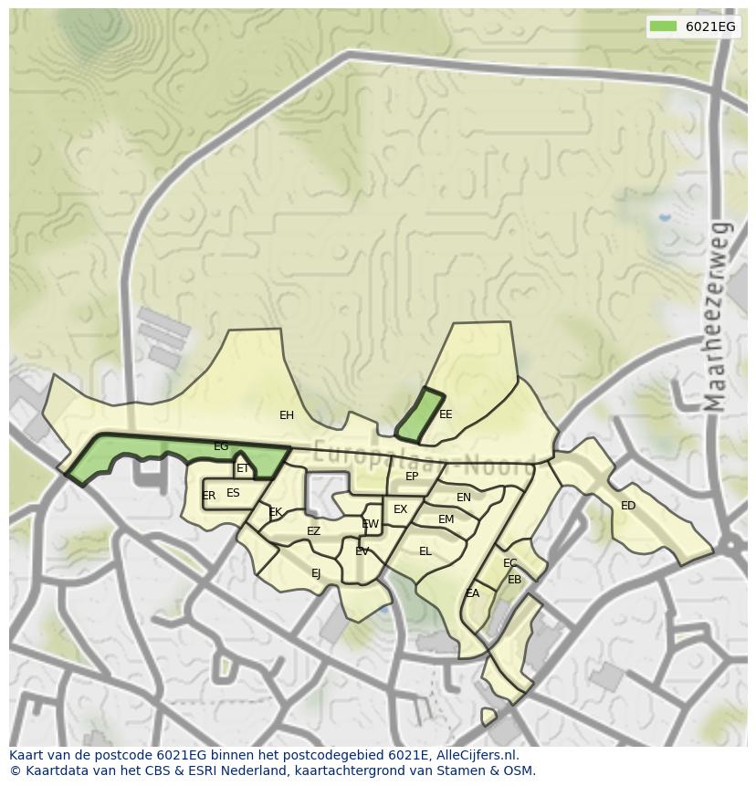 Afbeelding van het postcodegebied 6021 EG op de kaart.
